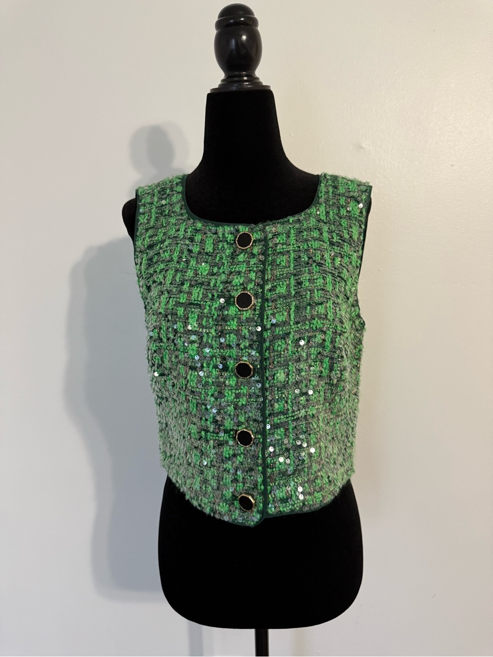 Maeve Green Tweed Sequin Crop Top Vest